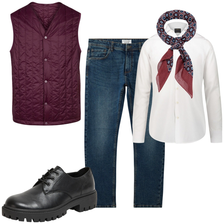 Outfit uomo - Total look #2263819. Stile Trendy per Tutti i giorni. Abbinamento con jeans, scarpe stringate, camicie, piumini, sciarpe e foulard.