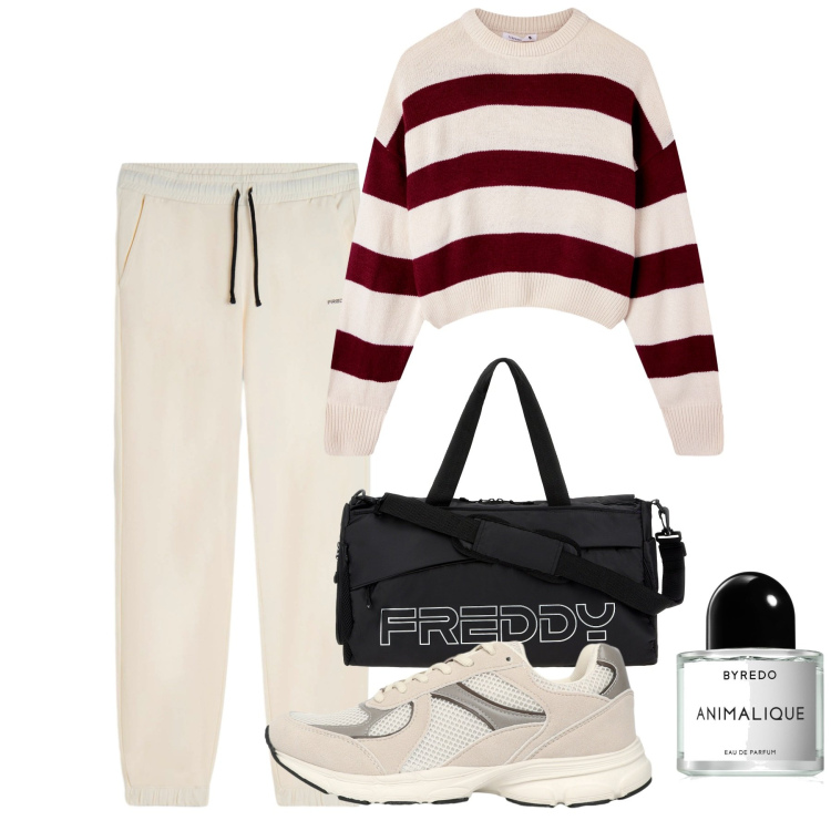 Outfit donna - Sport time. Stile Sporty chic per Sport. Abbinamento con profumi, maglieria, sneakers, pantaloni, borse sportive.