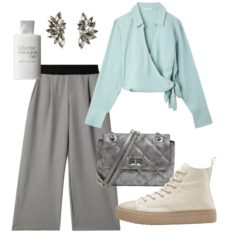 Outfit donna - Acqua e grigio. Stile Bon Ton per Tutti i giorni. Abbinamento con sneakers alte, orecchini, profumi, camicie, borse a tracolla, pantaloni.