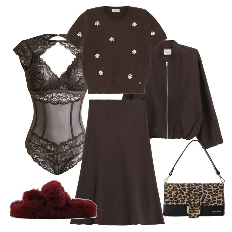 Outfit donna - Al gusto di cioccolato fondente!. Stile Trendy per Tutti i giorni. Abbinamento con body, gonne longuette, borse a spalla, maglieria, bomber, ciabatte.