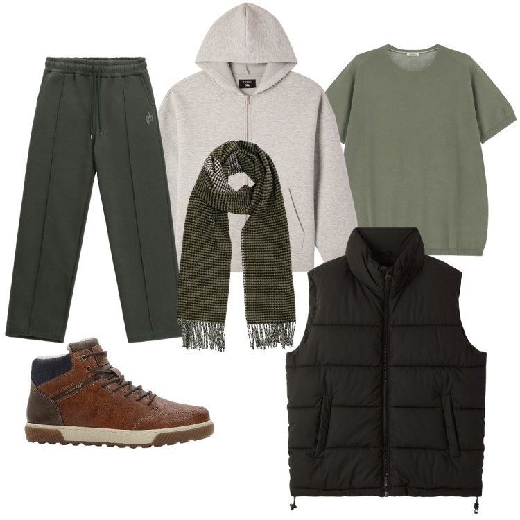 Outfit uomo - Total look #2263835. Stile Casual per Tutti i giorni. Abbinamento con sneakers alte, piumini, felpe con cappuccio, t-shirt, pantaloni, sciarpe.