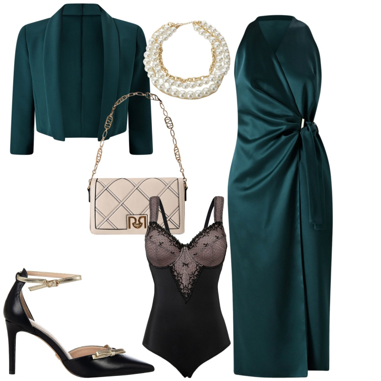 Outfit donna - Cerimonia. Stile Glamour per Cerimonia. Abbinamento con body, vestiti midi/longuette, bolero, décolleté, borse a tracolla, collane.