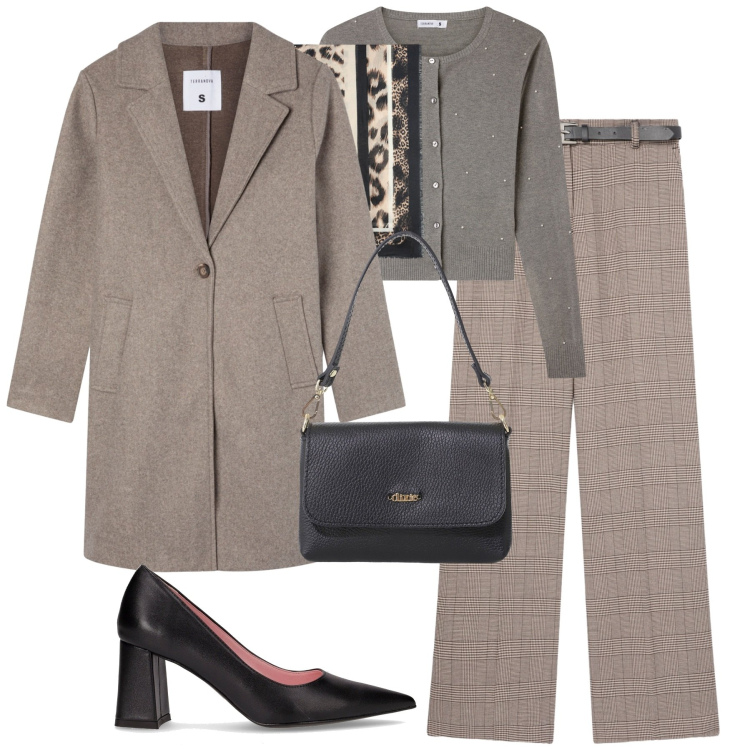 Outfit donna - City. Stile Urban per Tutti i giorni. Abbinamento con pantaloni, cardigans, cappotti, borse a tracolla, foulard, décolleté.