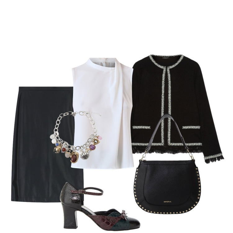 Outfit donna - Business Formal. Stile Bon Ton per Ufficio. Abbinamento con top, borse a spalla, décolleté, gonne longuette, braccialetti con ciondoli, cardigans.