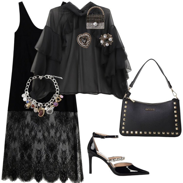 Outfit donna - Festa in tema. per Serata fuori. Abbinamento con braccialetti con ciondoli, décolleté, vestiti lunghi, pochette, bluse, accessori per capelli.