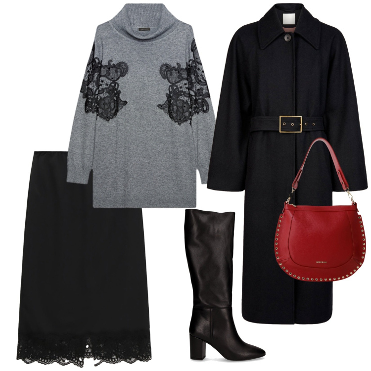 Outfit donna - Stivali e cappotto. per Tutti i giorni. Abbinamento con borse a spalla, gonne longuette, cappotti, maglieria, stivali.