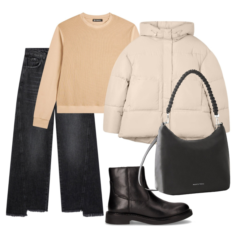 Outfit donna - Colori chiari per l\'inverno. Stile Trendy per Tutti i giorni. Abbinamento con borse a mano, bomber, jeans, felpe, stivaletti chelsea.