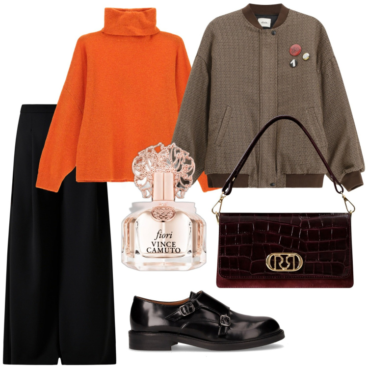 Outfit donna - Quando dici semplicità. per Tutti i giorni. Abbinamento con profumi, borse a mano, pantaloni a palazzo, maglieria, bomber, mocassini.