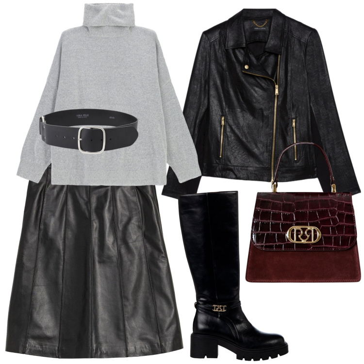 Outfit donna - La borsa elegante. per Ufficio. Abbinamento con gonne, stivali sopra il ginocchio, borse a mano, maglieria, cinture, giacche.