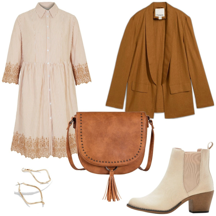 Outfit femme - Look automnal. Style Tendance pour Tous les jours. Assortir avec robes chemisier, blazers, sacs en bandoulière, bottines texanes, boucles d'oreilles.