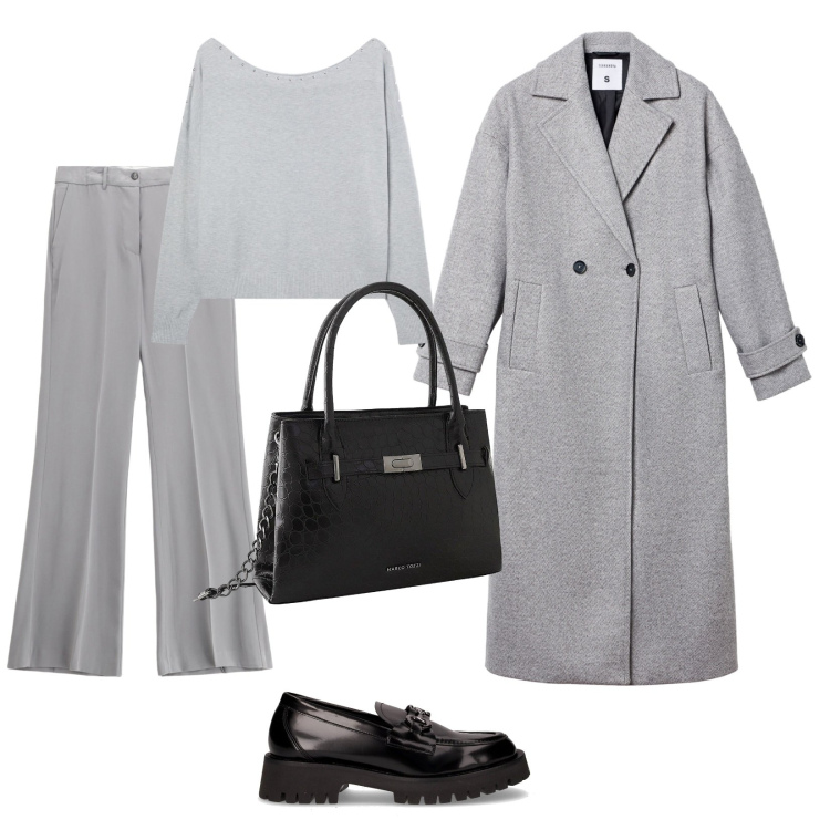 Outfit donna - In grigio. Stile Minimal per Tutti i giorni. Abbinamento con borse a mano, maglieria, cappotti, pantaloni, mocassini.