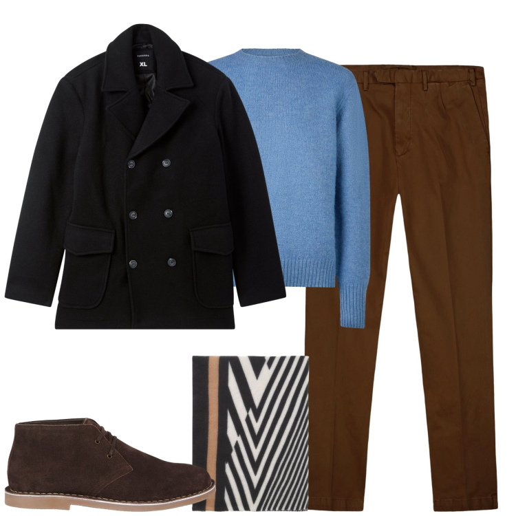 Outfit uomo - City. Stile Urban per Tutti i giorni. Abbinamento con cappotti, sciarpe, pantaloni, stivali e stivaletti, maglieria.