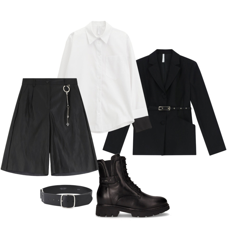 Outfit donna - Quasi Totale black. Stile Mannish per Serata fuori. Abbinamento con cinture, shorts, camicie, blazer, anfibi.