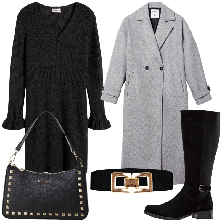 Outfit donna - L\'abito in maglia. Stile Minimal per Tutti i giorni. Abbinamento con stivali, vestiti, cappotti, cinture, pochette.