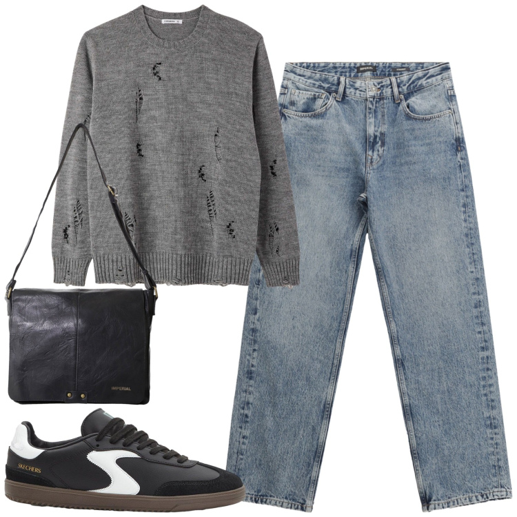 Outfit uomo - City. Stile Casual per Tutti i giorni. Abbinamento con sneakers, maglieria, jeans dritti, borse sportive.