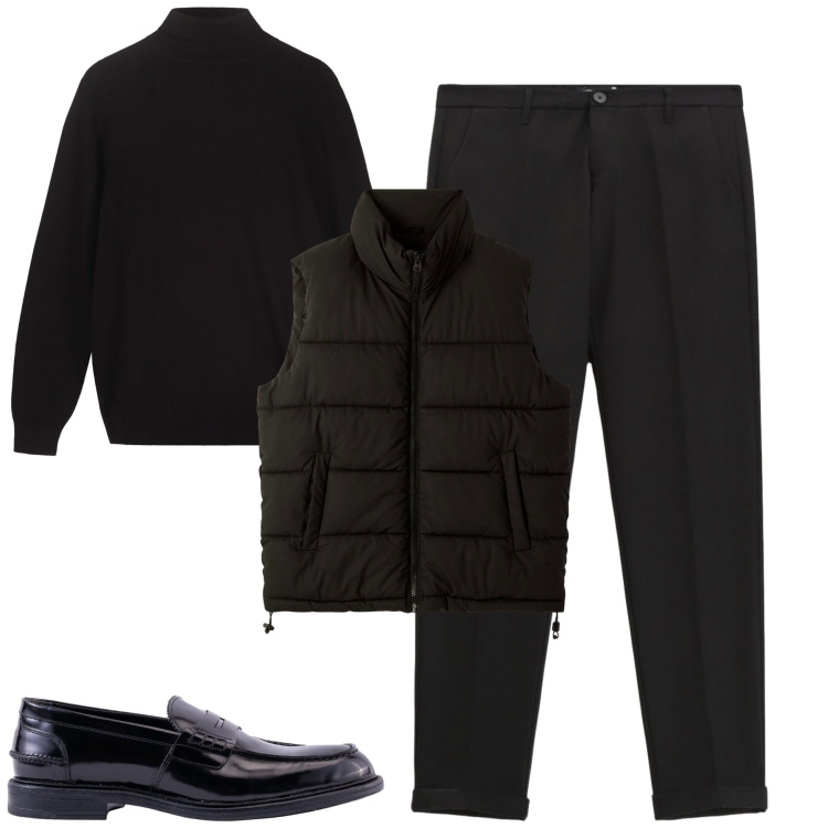 Outfit uomo - City. Stile Casual per Tutti i giorni. Abbinamento con piumini, pantaloni, maglieria, scarpe stringate.