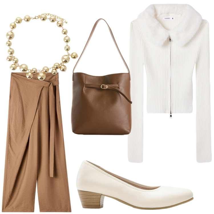 Outfit donna - Bianco e marrone. Stile Casual per Tutti i giorni. Abbinamento con décolleté, borse a mano, pantaloni, cardigans, collane.