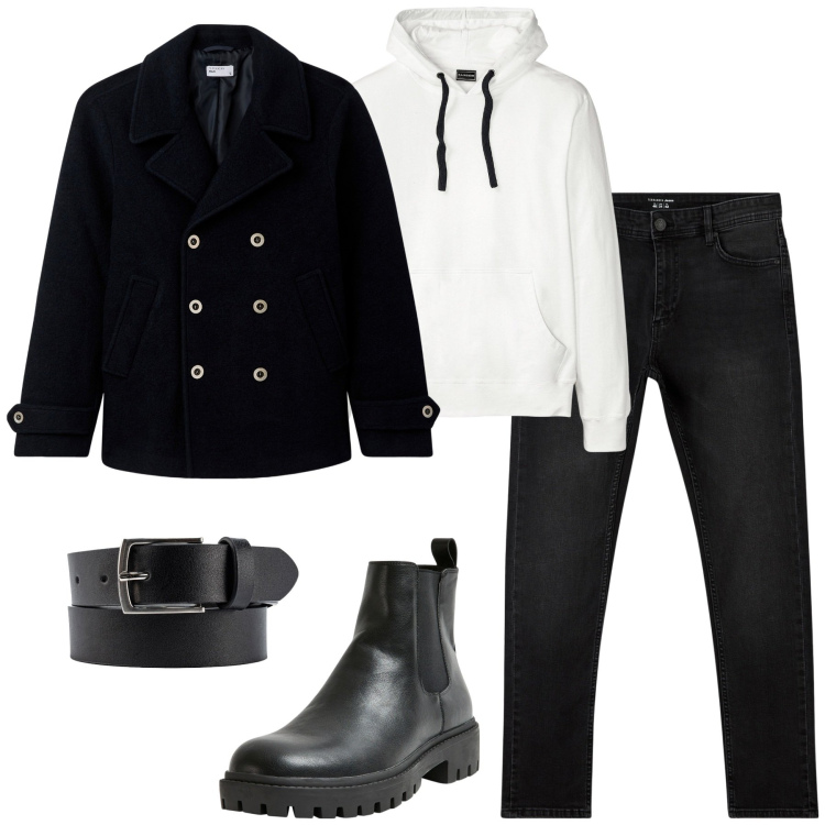 Outfit uomo - Ottobre. Stile Casual per Tutti i giorni. Abbinamento con felpe con cappuccio, stivali e stivaletti, jeans skinny, cappotti, cinture.