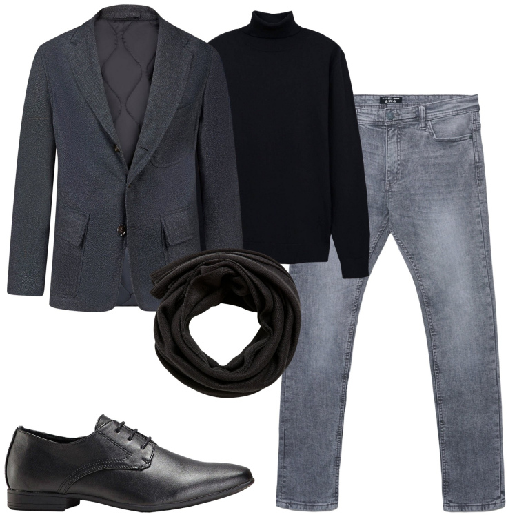 Outfit uomo - City. Stile Urban per Tutti i giorni. Abbinamento con scarpe stringate, sciarpe, maglieria, jeans skinny, giacche.