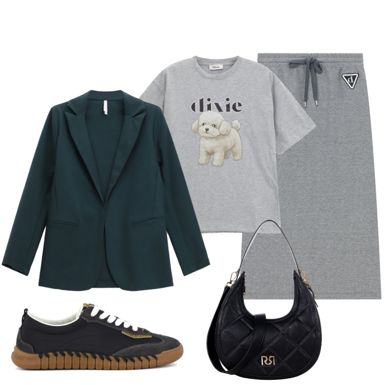 Outfit donna - Sporty chic. Stile Sporty chic per Tutti i giorni. Abbinamento con borse a tracolla, blazer, gonne longuette, t-shirt, sneakers.