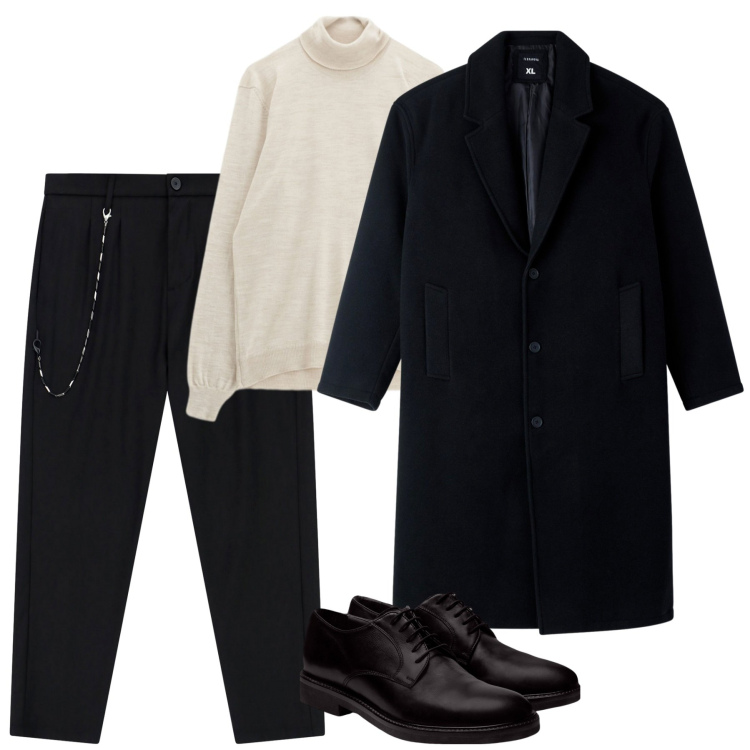 Outfit uomo - Ottobre. Stile Urban per Tutti i giorni. Abbinamento con cappotti, pantaloni, maglieria, scarpe stringate.