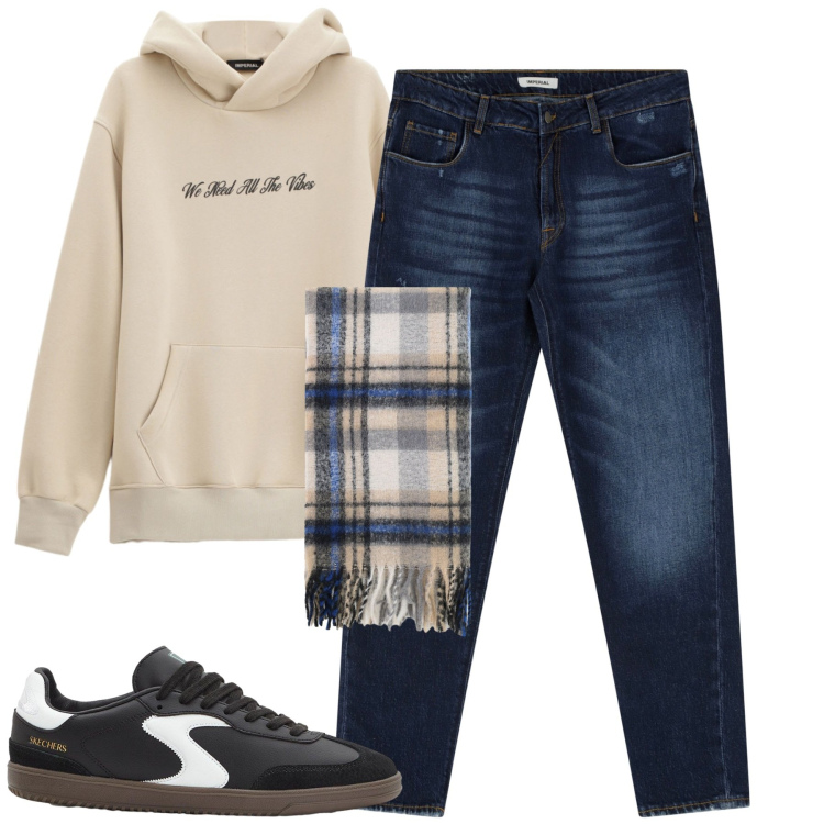 Outfit uomo - Ottobre. Stile Casual per Tutti i giorni. Abbinamento con sneakers, jeans dritti, felpe con cappuccio, sciarpe.