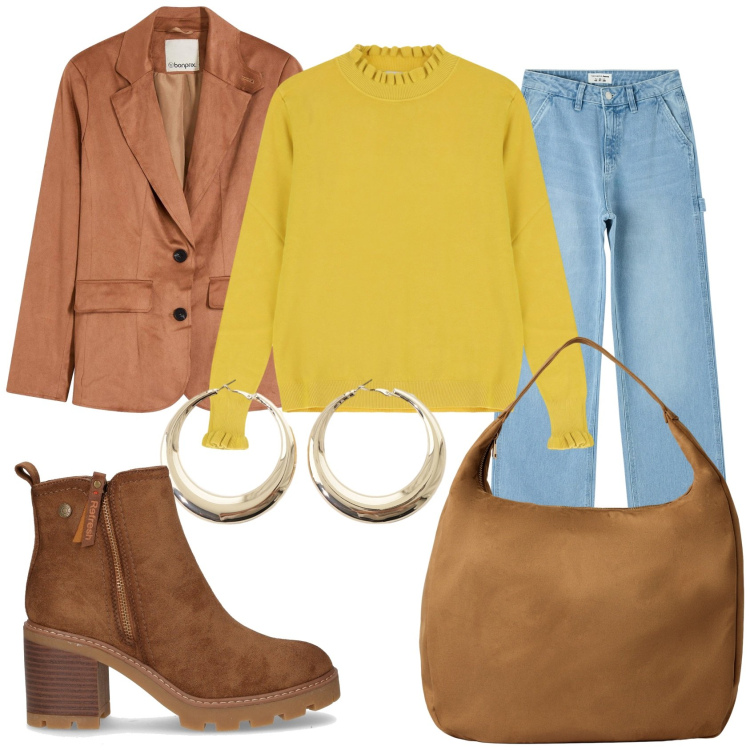 Outfit donna - Glamour maschile. Stile Mannish per Tutti i giorni. Abbinamento con blazer, jeans, borse a mano, orecchini, maglieria, stivaletti.
