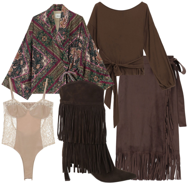 Outfit donna - Total look #2263896. Stile 70s per Tutti i giorni. Abbinamento con gonne, blazer, top, stivali, body.