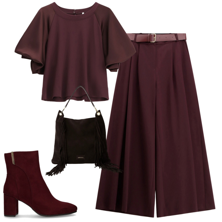 Outfit donna - Ottobre. Stile Trendy per Tutti i giorni. Abbinamento con felpe, pantaloni a palazzo, borse a spalla, stivaletti.