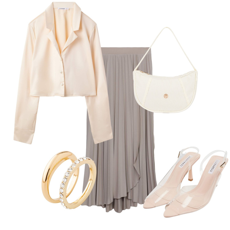 Outfit donna - Total look #2263913. Stile Chic per Serata fuori. Abbinamento con anelli, gonne lunghe, sandali col tacco, camicie, borse a mano.