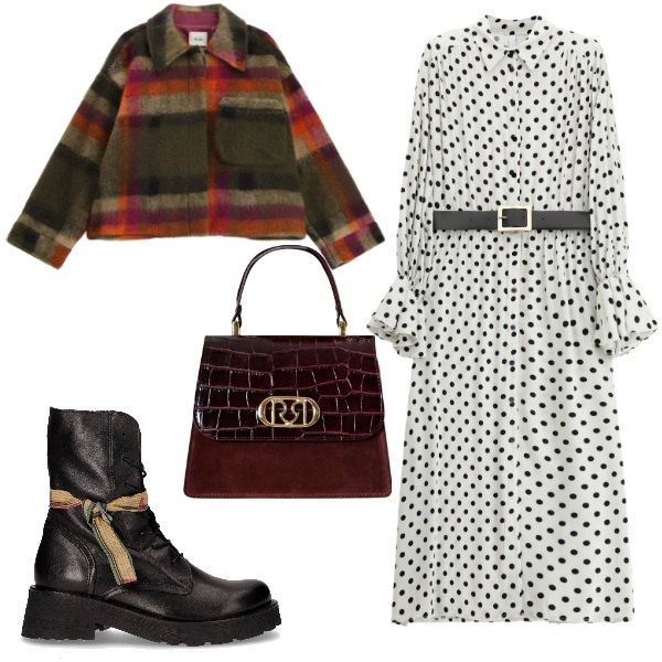 Outfit donna - Mix d\'autunno. Stile Urban per Tutti i giorni. Abbinamento con borse a mano, vestiti midi/longuette, cappotti, anfibi.