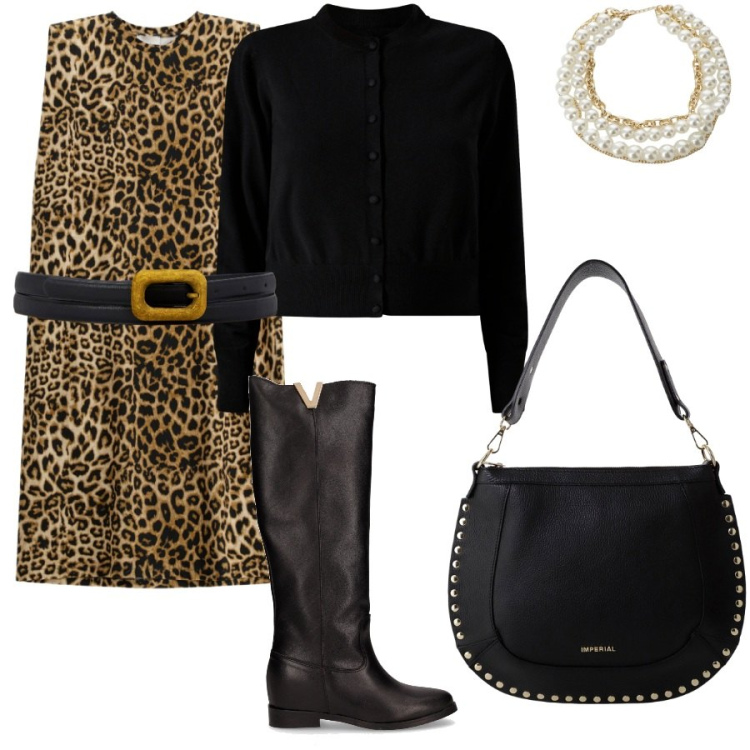 Outfit donna - City. Stile Casual chic per Tutti i giorni. Abbinamento con collane, vestiti midi/longuette, cardigans, borse a spalla, cinture, stivali.
