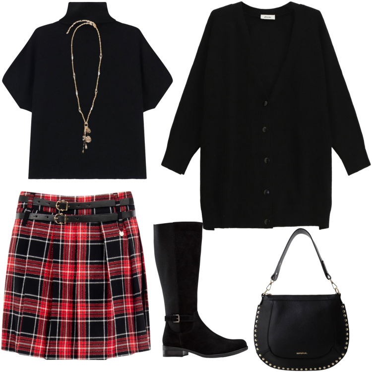 Outfit donna - Total look #2263918. Stile Urban per Tutti i giorni. Abbinamento con stivali, cardigans, minigonne, maglieria, borse a spalla, ciondoli.
