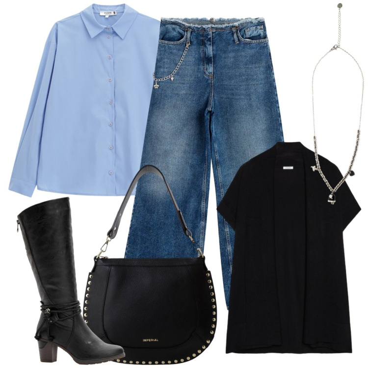 Outfit donna - Total look #2263920. Stile Basic per Ufficio. Abbinamento con stivali, jeans dritti, camicie, borse a spalla, ciondoli, cardigans.