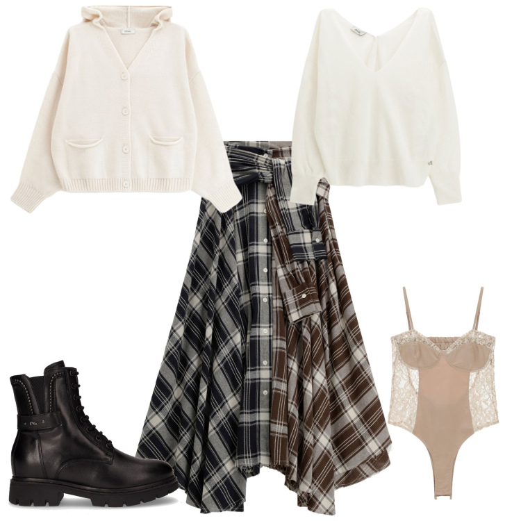 Outfit donna - Total look #2263922. Stile Casual chic per Tutti i giorni. Abbinamento con body, gonne lunghe, maglieria, cardigans, anfibi.
