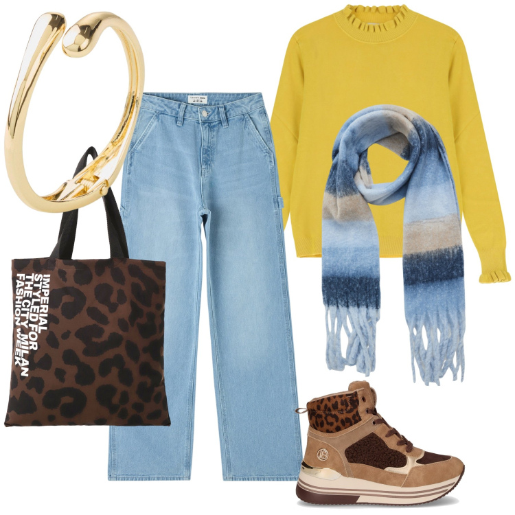 Outfit donna - Il maglioncino giallo. Stile Casual chic per Tutti i giorni. Abbinamento con braccialetti, jeans, sciarpe, shopping bag, maglieria, sneakers alte.