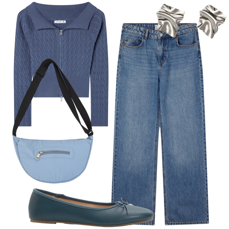Outfit donna - Blue jeans. Stile Basic per Tutti i giorni. Abbinamento con ballerine, borse a tracolla, jeans, cardigans, orecchini.