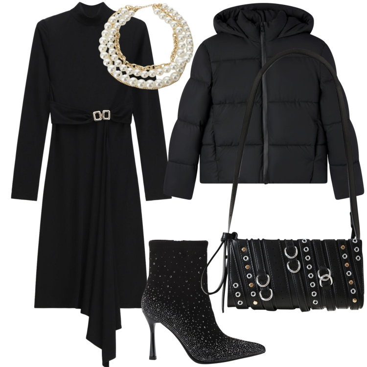 Outfit donna - Perle e bagliori. Stile Chic per Serata fuori. Abbinamento con bomber, borse a spalla, stivaletti, vestiti midi/longuette, collane.
