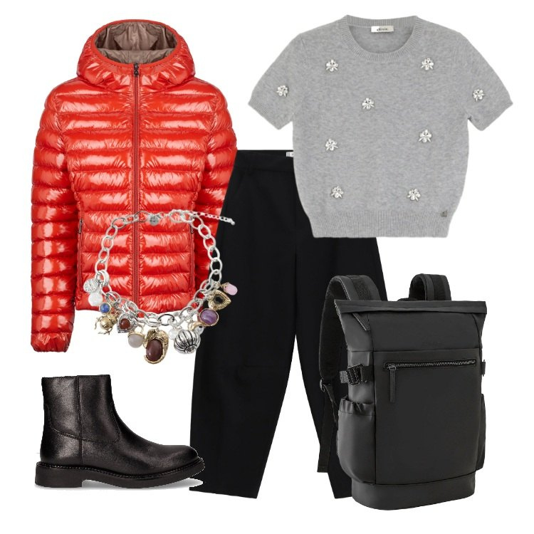 Outfit donna - In viaggio per lavoro. Stile Urban per Ufficio. Abbinamento con zaini, pantaloni a palazzo, blazer, braccialetti con ciondoli, maglieria, stivaletti chelsea.
