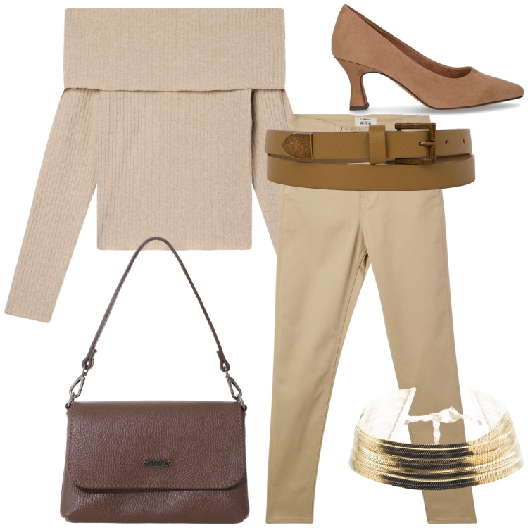 Outfit donna - Off shoulders. Stile Glamour per Ufficio. Abbinamento con pantaloni skinny, maglieria, borse a tracolla, braccialetti, décolleté, cinture.