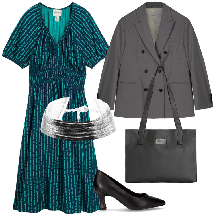 Outfit donna - Centro città un giorno qualunque. Stile Urban per Tutti i giorni. Abbinamento con vestiti midi/longuette, braccialetti, shopping bag, blazer, décolleté.