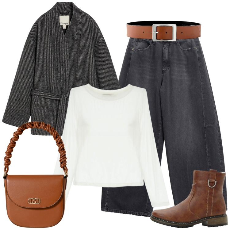 Outfit donna - Accessori color cuoio. Stile Basic per Tutti i giorni. Abbinamento con blazer, cinture, stivaletti, jeans, t-shirt, borse a mano.