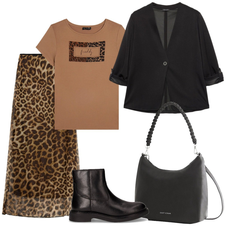 Outfit donna - Animalier. Stile Basic per Ufficio. Abbinamento con borse a mano, t-shirt, gonne lunghe, blazer, stivaletti chelsea.