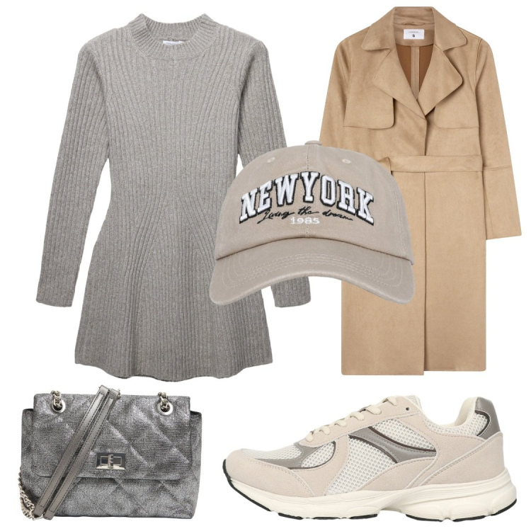 Outfit donna - Atmosfere romantiche. Stile Casual chic per Tutti i giorni. Abbinamento con trench, cappelli con visiera, sneakers, vestiti corti, borse a tracolla.