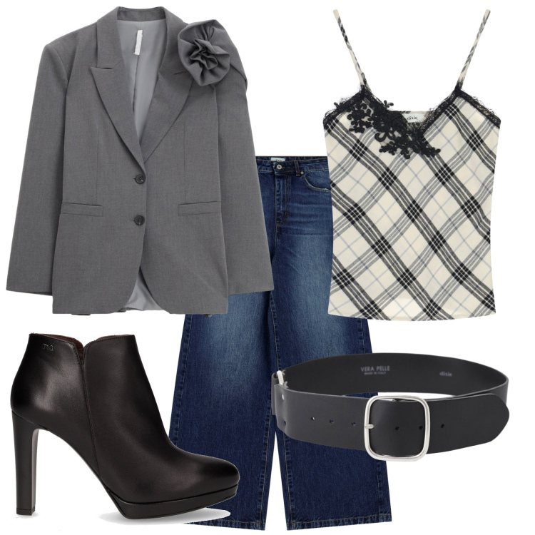 Outfit donna - Al lavoro con eleganza. Stile Urban per Ufficio. Abbinamento con blazer, cinture, top, jeans, stivaletti.