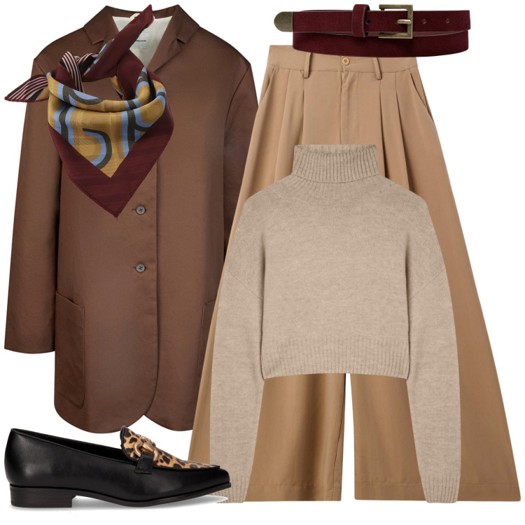 Outfit donna - Look sartoriale. Stile Casual chic per Tutti i giorni. Abbinamento con pantaloni, maglieria, foulard, trench, cinture, mocassini.
