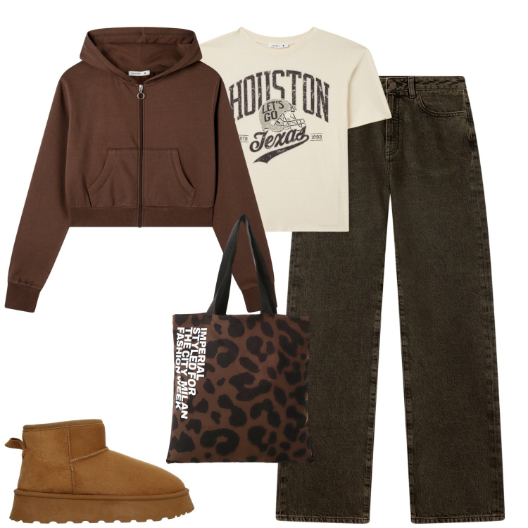 Outfit donna - City. Stile Casual per Tutti i giorni. Abbinamento con felpe con cappuccio, t-shirt, jeans dritti, stivali, shopping bag.