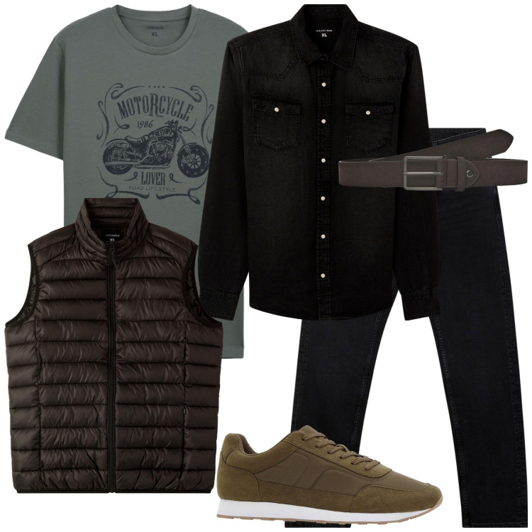 Outfit uomo - Stratificazioni. Stile Urban per Tutti i giorni. Abbinamento con sneakers, camicie, jeans, cinture, t-shirt, piumini.