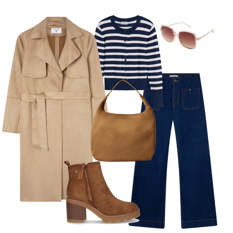 Outfit donna - Righe chic. Stile Casual chic per Tutti i giorni. Abbinamento con occhiali da sole, cardigans, borse a mano, jeans, trench, stivaletti.