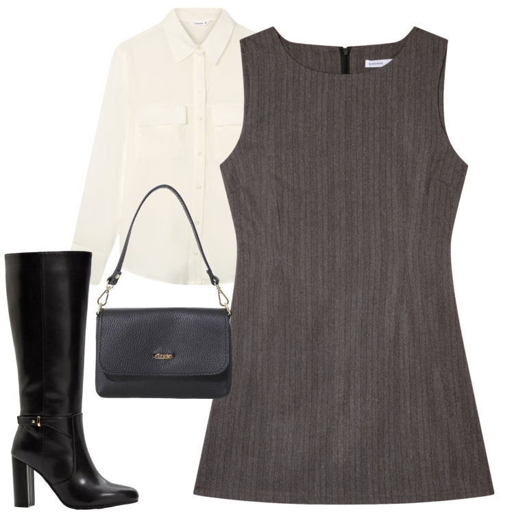 Outfit donna - Il vestito gessato. Stile Urban per Tutti i giorni. Abbinamento con stivali, camicie, vestiti corti, borse a tracolla.